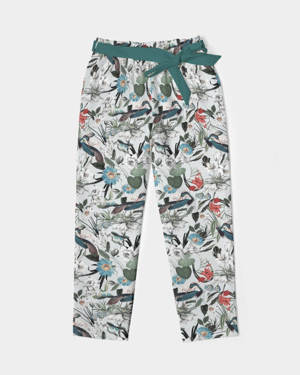 BIRDS & FLORAL WOMEN'S BELTED  TAPERED  PANTS DEEP TEAL