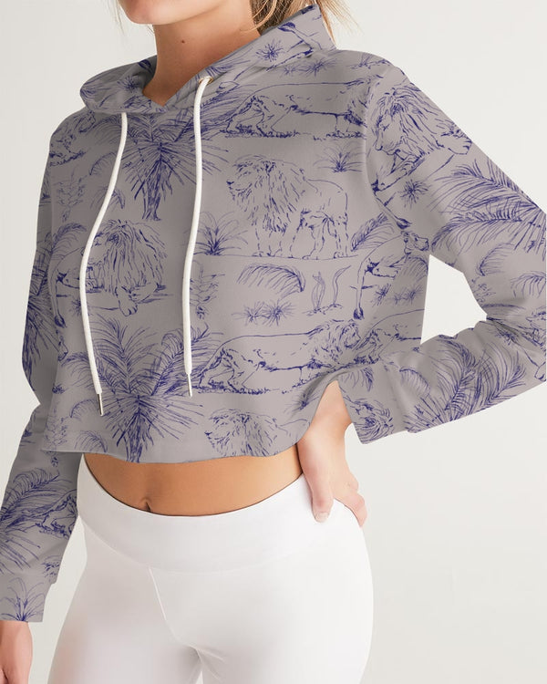 PALM TREES AND LIONS WOMEN CROPPED HOODIE LIGHT SILVER
