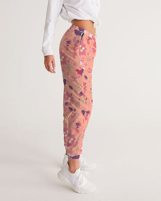 VINTAGE ABSTRACT FLORAL & BIRDS WOMEN TRACK PANTS LIGHT SALMON