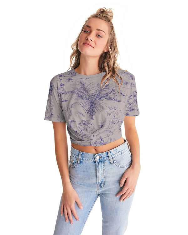 PALM TREES AND LIONS WOMEN TWIST FRONT CROPPED TEE LIGHT SILVER