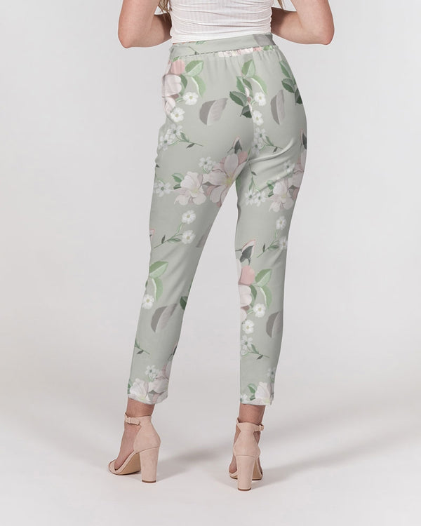 BEAUTIFUL FLORAL PATTERN WOMENS BELTED TAPERED PANTS PLATINUM SILVER