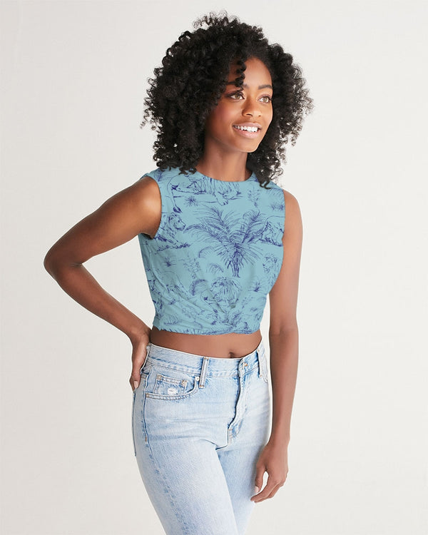 PALM TREES AND LIONS WOMEN TWIST FRONT TANK CORAL BLUE