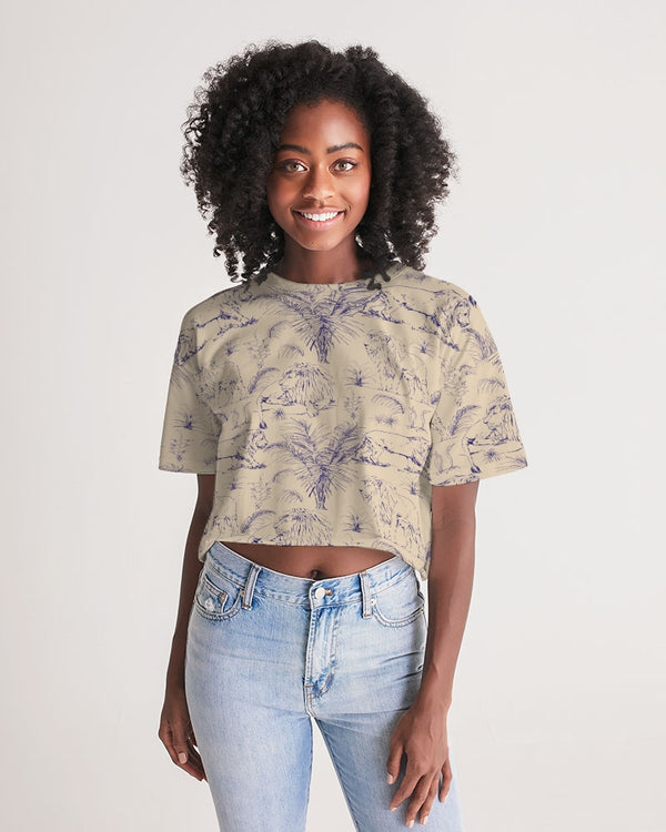 PALM TREES AND LIONS WOMEN LOUNGE CROPPED T-SHIRT ECRU