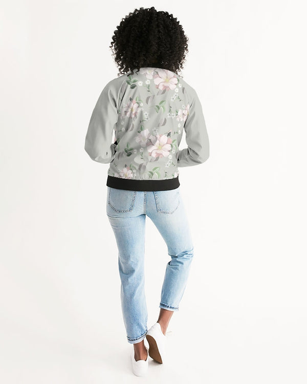 BEAUTIFUL FLORAL PATTERN WOMEN BOMBER JACKET PLATINUM SILVER