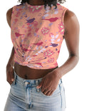 VINTAGE ABSTRACT FLORAL AND BIRDS WOMEN TWIST FRONT TANK LIGHT SALMON