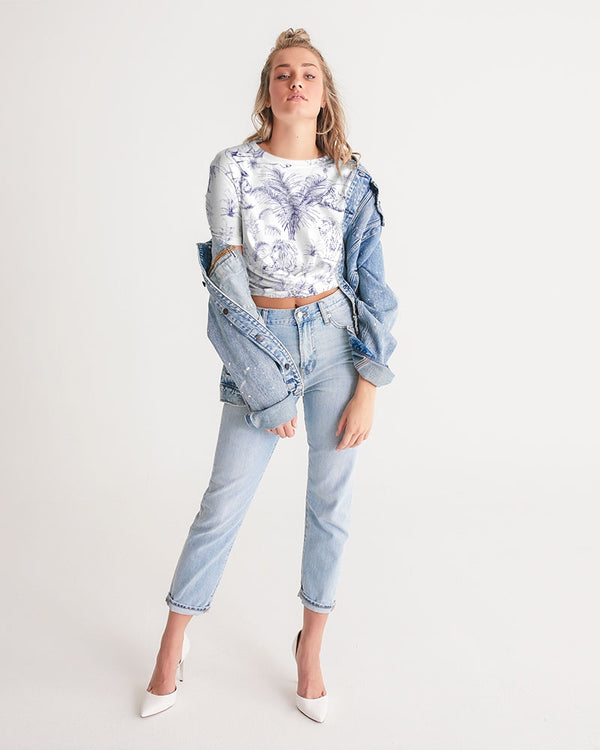 PALM TREES AND LIONS WOMEN TWIST FRONT CROPPED TEE WHITE