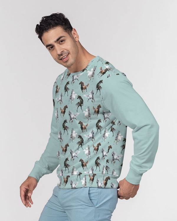 MUSTANG HORSE MENS CLASSIC FRENCH TERRY CREWNECK PULLOVER SEASHELL BLUE
