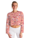 VINTAGE ABSTRACT FLORAL AND BIRDS WOMEN CROPPED SWEATSHIRT LIGHT SALMON