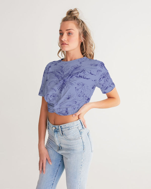 PALM TREES AND LIONS WOMEN TWIST FRONT CROPPED TEE LAVENDER MIST