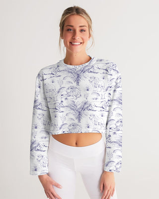 PALM TREES AND LIONS WOMEN CROPPED SWEATSHIRT WHITE