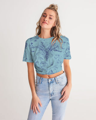 PALM TREES AND LIONS WOMEN TWIST FRONT CROPPED TEE CORAL BLUE