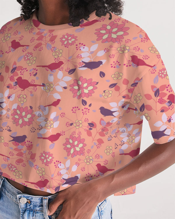 VINTAGE ABSTRACT FLORAL AND BIRDS WOMEN LOUNGE CROPPED TEE LIGHT SALMON