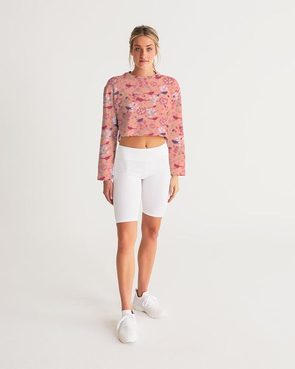 VINTAGE ABSTRACT FLORAL AND BIRDS WOMEN CROPPED SWEATSHIRT LIGHT SALMON
