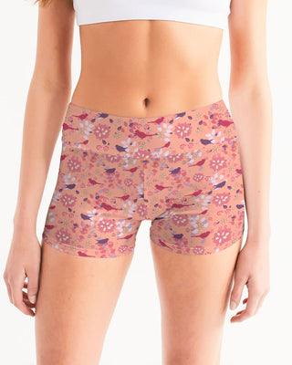 VINTAGE ABSTRACT FLORAL AND BIRDS MID RISE YOGA SHORTS LIGHT SALMON