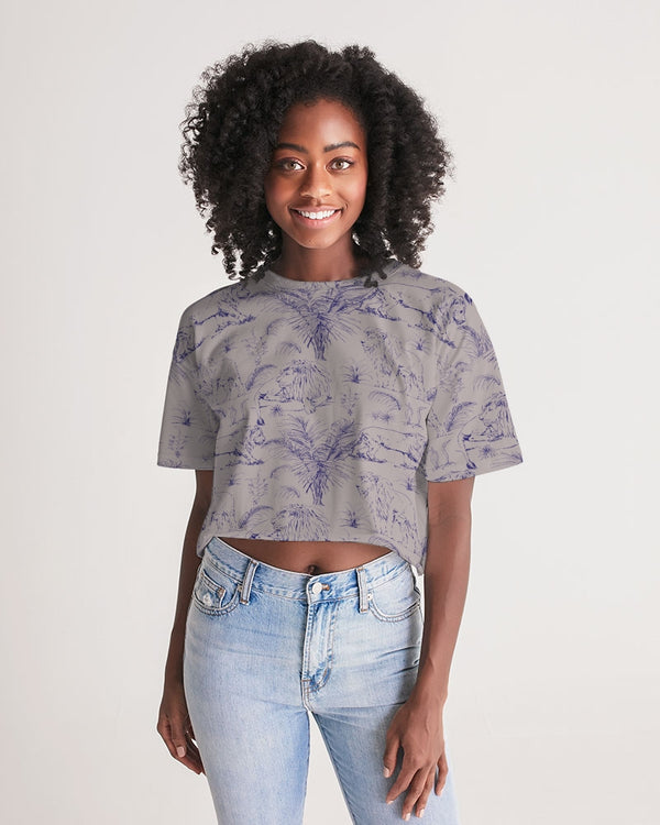 PALM TREES AND LIONS WOMEN LOUNGE CROPPED TEE LIGHT SILVER