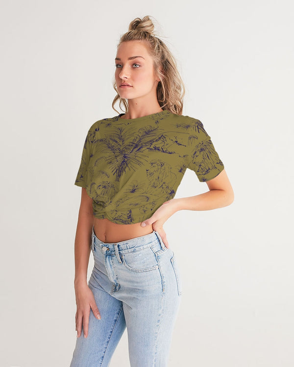 PALM TREES AND LIONS WOMENS TWIST-FRONT CROPPED TEE LIGHT OLIVE
