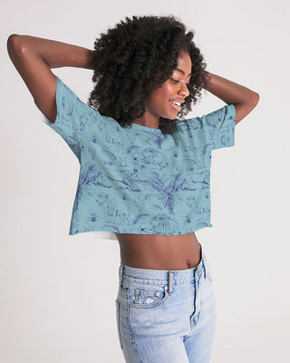 PALM TREES AND LIONS WOMEN LOUNGE CROPPED TEE CORAL BLUE