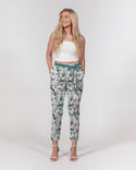 BIRDS & FLORAL WOMEN'S BELTED  TAPERED  PANTS DEEP TEAL